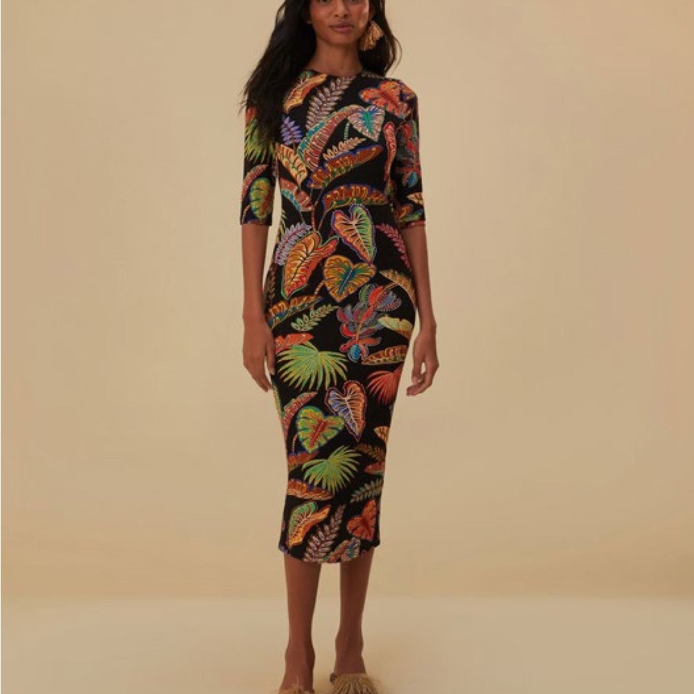 Farm Rio Cool Foliage Black Jersey Midi Dress